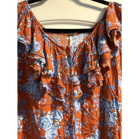 Free‎ People Womans Orange Blue Floral Loretta tunic top Medium Long Sleeve Boho - Picture 4 of 8
